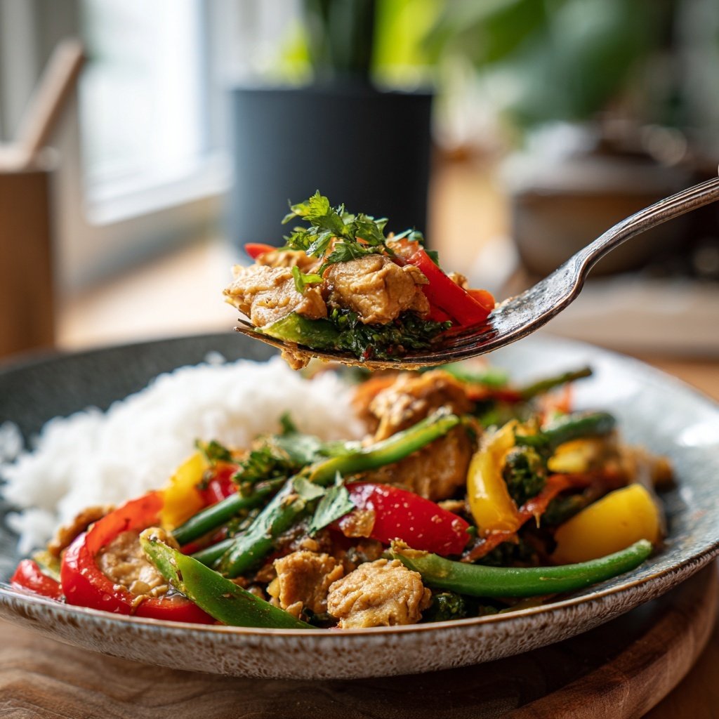Mittagessen mit Gemüsepfanne und Reis