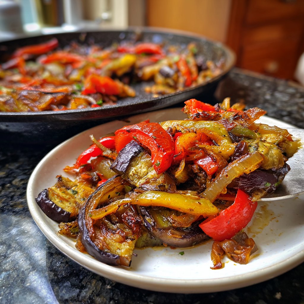 Auberginenpfanne mit Paprika und Zwiebeln